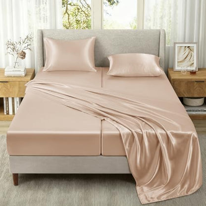 SiinvdaBZX 5-Piece Beige Satin Sheets Split King Size Set