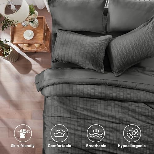 Twin Comforter Set 5 Piece, Dark Grey Bed in a Bag Twin Size Bedding Sets