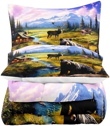 LUVIVIHOME 2PCS Black Bear Deer Comforter Set Twin Size, Mallard Duck Moose Mountain Lake Forest Animal Wildlife Hunting Hunter Country Lodge Rustic Farmhouse Cabin Bedding Sets, 1 Pillow Sham