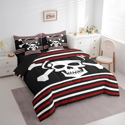 Erosebridal 7Pcs Pirate Comforter Set King Size,Nautical Skull Bedding Set for Kids Boys Teens Youth,Red Black White Stripes Bed in A Bag,Ocean Adventure Theme Sheet Set with Comforter