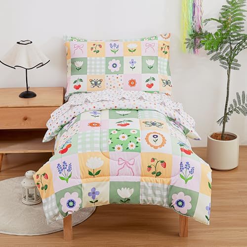 Mooreeke Toddler Bedding Sets for Girls,4 Pieces Floral Butterfly Printed