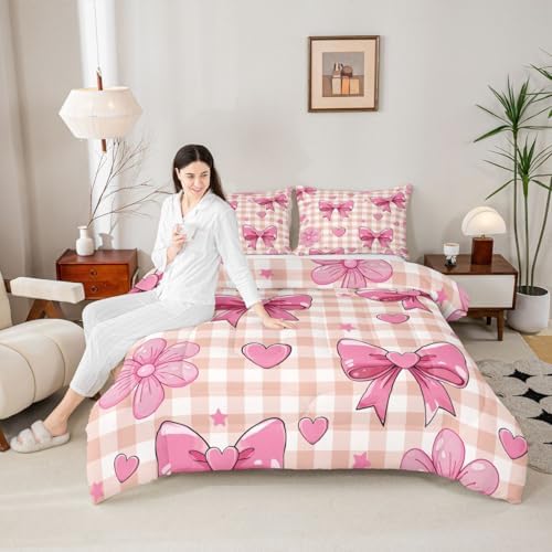 jejeloiu Checkerboard Bowknot Bedding Set Soft for Boys Girls, Pink Bow Comforter Set Toddler Size Plaid Duvet Quilt Microfiber Bedroom Decor 2 Pcs with 1 Pillow Cases