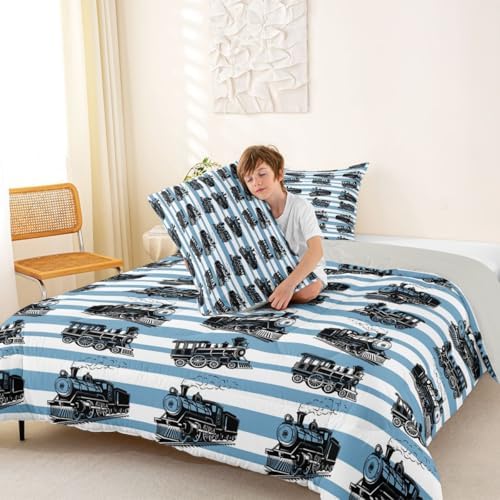 Feelyou Retro Train Comforter Set Queen Size Vintage Steam Locomotive Down Bedding Set for Kids Boys Girls Blue White Geometric Stripes Duvet Quilt Bedroom Decor Microfiber 3 Pcs with 2 Pillow Cases