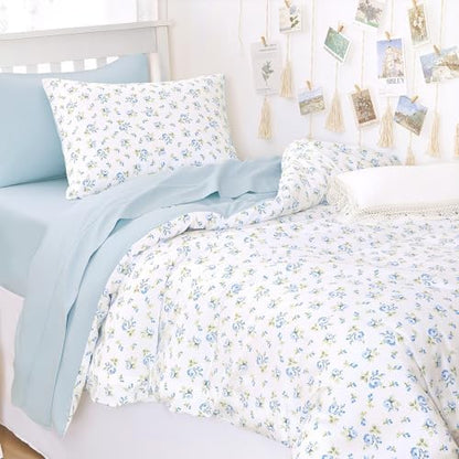 Wake In Cloud - Floral Comforter Set with Sheets, Coquette Cottagecore Aesthetic Flower Shabby Chic Pattern for Women Teen Girls, 5 Pieces Bed in a Bag, White Blue, Twin Size