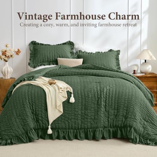 JOLLYVOGUE Olive Green Queen Comforter Set,3pcs Ruffle Seersucker Bed Set