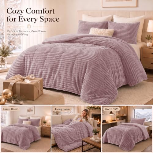 CozyLux Fleece Queen Comforter Set, 3 Piece Winter Warm Dusty Pink Bedding