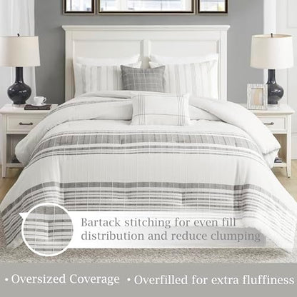 Harbor House Full Comforter Set, Stripes Clipped Jacquard, Soft Cotton Oversized Comforter for a Full-Size Bed, Farmhouse Bedding, 2 Shams, Bedskirt, 2 Décor Pillows, Morgan, Full White/Grey