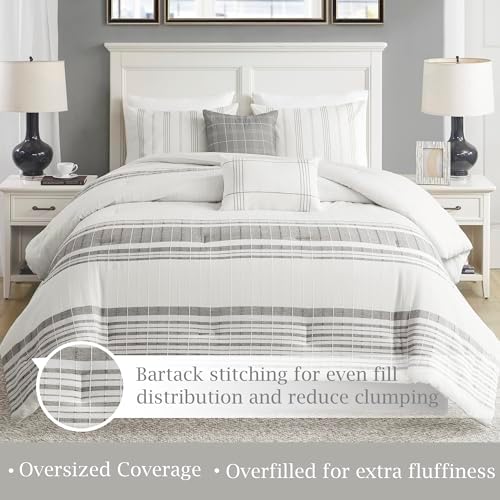 Harbor House King Comforter Set, Stripes Clipped Jacquard, Soft Cotton Oversized Comforter, Farmhouse Bedding, 2 Shams, Bedskirt, 2 Decor Pillows, Morgan, King White/Grey
