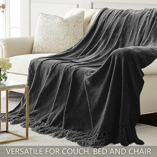 Chenille Throw Blanket for Couch 50" x 60", Dark Grey