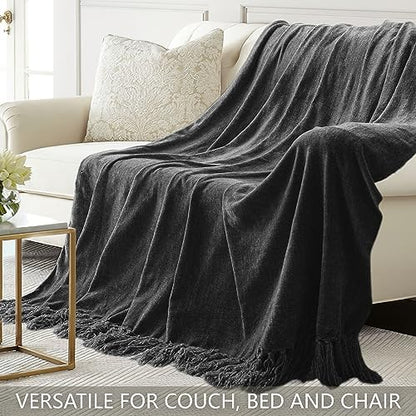 Chenille Throw Blanket for Couch 50" x 60", Dark Grey