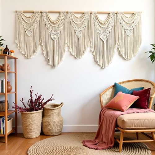 Extral Large macrame wall hanging, 71'' W x 32'' L boho wall art tapestry wall decor for urban entryway,living room,bedroom decor, headboard woven wall art, big fiber art over couch art for Yarn hallway (Wood Bead-B)