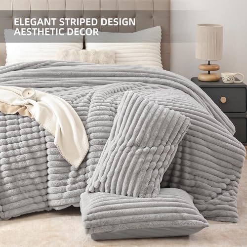Smoofy Fluffy King Size Comforter 3 PCS - Light Grey Fleece Bedding Set