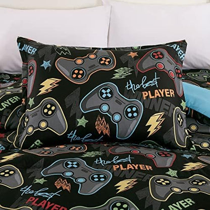 Gray Blue Color Gaming Full Size 5 Piece Comforter Set for Gamer Video Games player Bedding for Teen, Bedding for all seasons, Plush Controller Pillow, fitted sheet and pillow sham Included (Full)