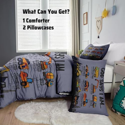Boys Kids Construction Truck Comforter Set Full Size,3 Piece Bed in a Bag Cars Excavators Tractor Bedding Set Construction Christian Spirational Comforter with 2 Pillowcases Gray