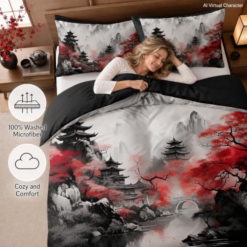CCoutueChen Japanese Style Comforter Set Full Cherry Blossoms Bedding Black Red Chinese Watercolor Bed Set for Adult Women 3 Pcs All Season Soft Microfiber Down Alternative Comforter