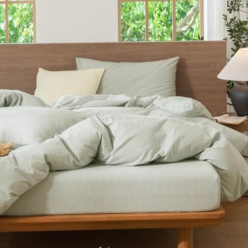 MooMee Striped Duvet Cover Set 100% Washed Cotton Linen Like Alaska King