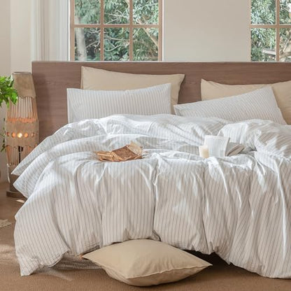 MooMee Striped Duvet Cover Set 100% Washed Cotton Linen Like Cal King