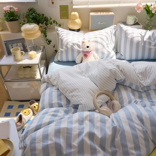 VM VOUGEMARKET Blue Striped Duvet Cover Twin Size Kids Boys Simple Bedding Set Blue White Stripes Duvet Cover with 2 Pillowcases Soft Lightweight Microfiber Farmhouse Comforter Cover-68 x86