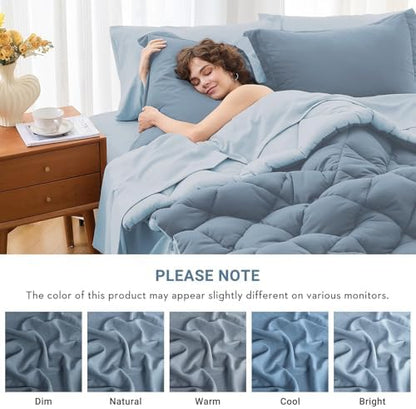 MUXHOMO 7 Pieces King Comforter Set, Reversible Bed in a Bag King Size, All Season Bedding Set with Comforter, Flat Sheet, Fitted Sheet, Pillowcases & Shams, Mineral Blue & Light Blue