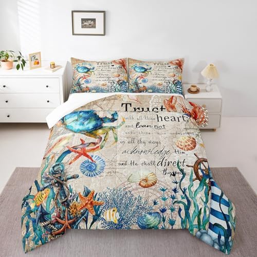 Homewish Crab Coral Starfish Comforter Set Full Size,Nautical Anchor Bedding Set 3Pcs for Kids Girls Boys Teens Room Decor,Ocean Animals Quilt Set Vintage Bible Quotes Duvet Insert,2 Pillowcases