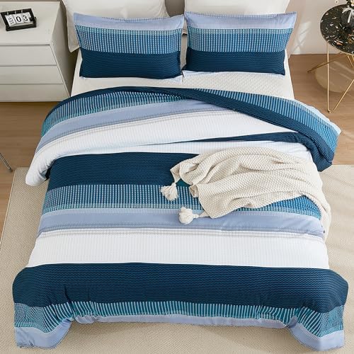 Litanika Navy Blue King Size Comforter Set - 3 Pieces Stripe Bed Set