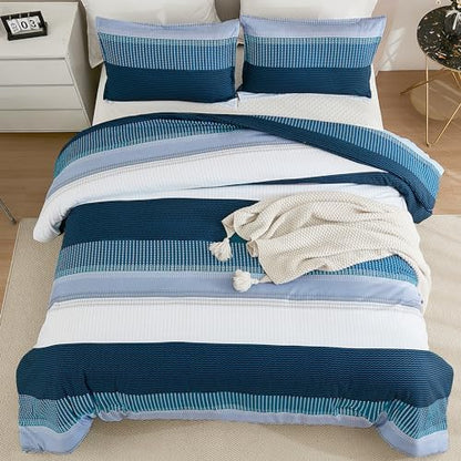 Litanika Navy Blue King Size Comforter Set - 3 Pieces Stripe Bed Set