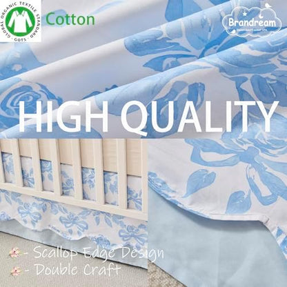 Brandream Scallop Edge Crib Skirt Organic Cotton Baby Girls Crib Skirt Toddler Bedskirt French Country Cottagecore Rose Bows Farmhouse Chic Nursery Crib Bed Skirt 2-Tiered with Solid Blue Skirt
