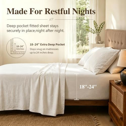 MEISHANG 100% French Linen Sheets King,4 Pcs,18-24" Extra Deep Pocket
