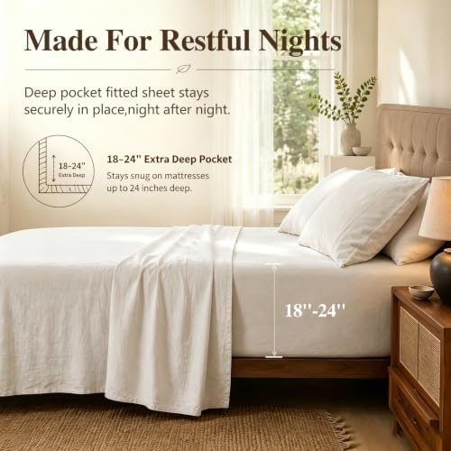 MEISHANG 100% French Linen Sheets Queen,4 Pcs,18-24" Extra Deep Pocket