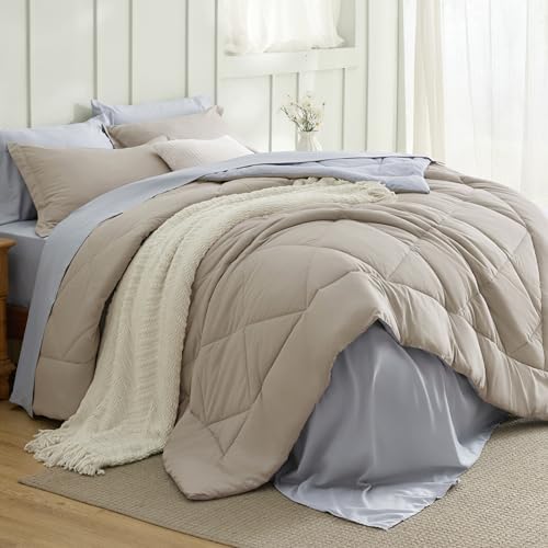 Bedsure Bed in a Bag Full Reversible Bed Set 7 Pieces Beige/Silver Grey