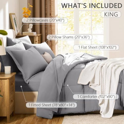 CozyLux King Size Comforter Set, 7-Piece Bed in a Bag, Grey