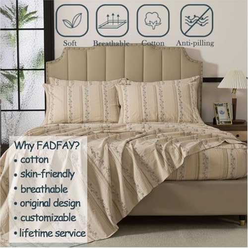 FADFAY 100% Cotton Queen Bed Sheet Set 4-Piece, Woven Jacquard Floral, Soft & Breathable, Mud Gold, Deep Pocket Fitted Sheet, Envelope Pillowcase, Luxury Farmhouse & Cottagecore Bedding