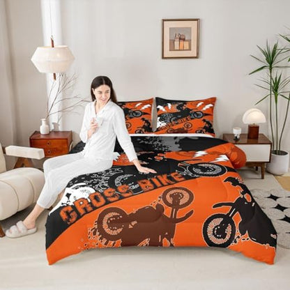 Erosebridal Kids Dirt Bike Twin Comforter Set for Boys Dirtbike Bedding Set Motocross Bedroom Decor for Boys Men Adult,Rider Motorcycle Bed Set Cool Extreme Sports Bedding Sets 2Pcs,Orange Black