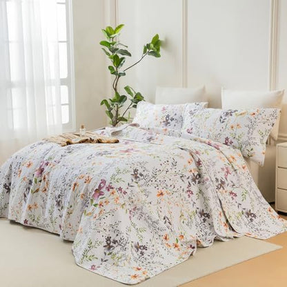 Lady Ann 100% Cotton Quilt Sets Queen, Yellow Flower Botanical Pattern Printed Quilted 102x118 Bedspread Set,Vintage Coverlet Ultra Soft Bedspread Set with Pillow Shams All Season,3 PCS