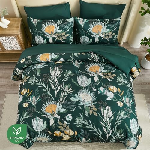 Luxudecor King Comforter Set 7 Pieces Bedding Sets, Dark Green Floral Comforter and Sheet Set, Soft Microfiber Bed in a Bag for All Seasons (Dark Green,104"x90")