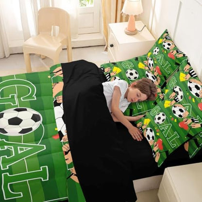 Erosebridal Soccer Gaming Boys Kids Green Football Court King 7-Piece Comforter Set | Ball Games Sheets and Pillowcases Sports Theme Playground Bed in A Bag Striped Bed Sets