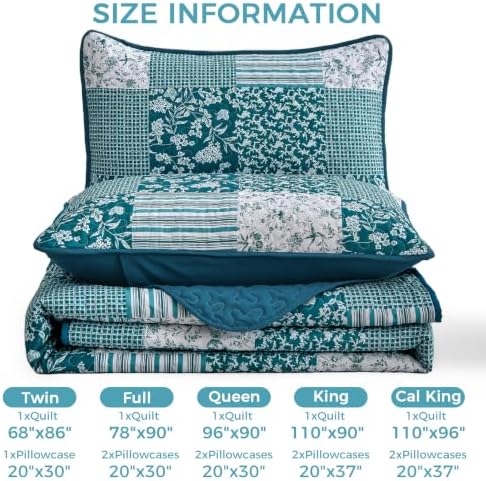 Mybedsoul Boho Queen Quilts, Patchwork Floral Bedding Set, Teal Blue