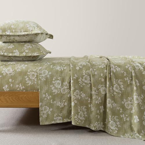 FADFAY Sage Green Sheets Set King 100% Cotton Washed Double Gauze Muslin Bedding 4Pcs Vintage Rose Floral Sheets Shabby Cottagecore Bedding Super Soft & Breathable Deep Pocket Fitted Sheet, King Size