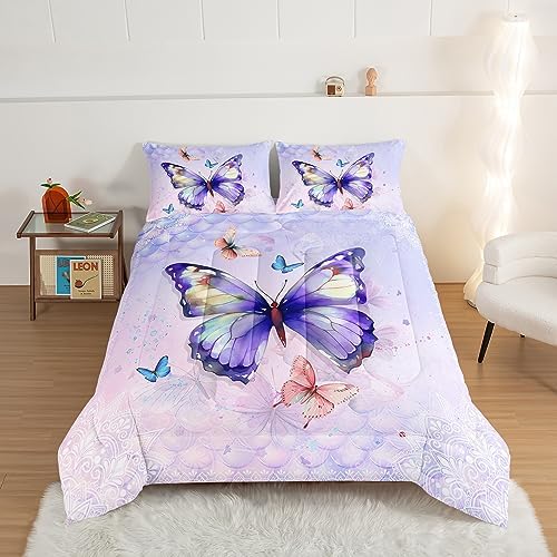 HOSIMA Butterfly Queen Comforter Set with 2 Pillowcases,Mandala Butterfly Bedding Sets for Girls Teen Women Room Decor,Purple Butterfly Comforter for Queen Size Bed,College Dorm Essentials for Girls.