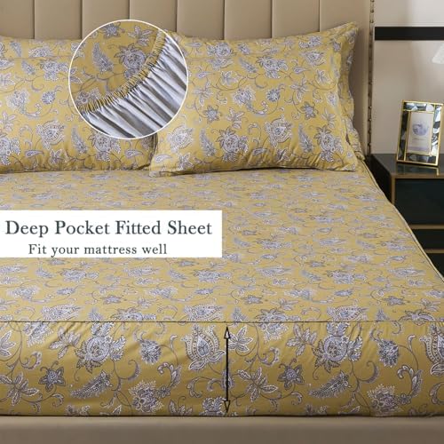 FADFAY 100% Cotton Queen Sheet Set, Olive Green Paisley Floral Bed Sheets, Deep Pocket Fitted Sheet, Pet-Friendly Soft Breathable Cozy Bedding for All Seasons, 4-Piece