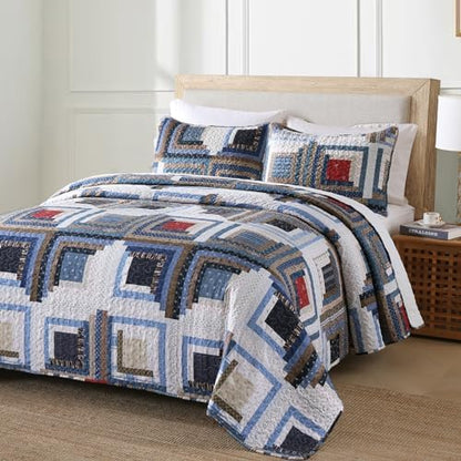 HIARUO Quilt Set King Size, 3 Pieces Bedspread Coverlet Plaid Patchwork Quilt Farmhouse King Size Comforter Set Lightweight Bedding with 2 Pillow Covers Shams for All Season Red Blue