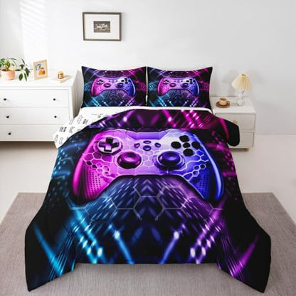 Castle Fairy Teens Gamepad Comforter Set,Modern Gamer Reversible Down Comforter Twin Size for Kids Boys Children Youth,Video Game Bedding Set Player Gaming Duvet Insert for Bedroom,Blue Pink