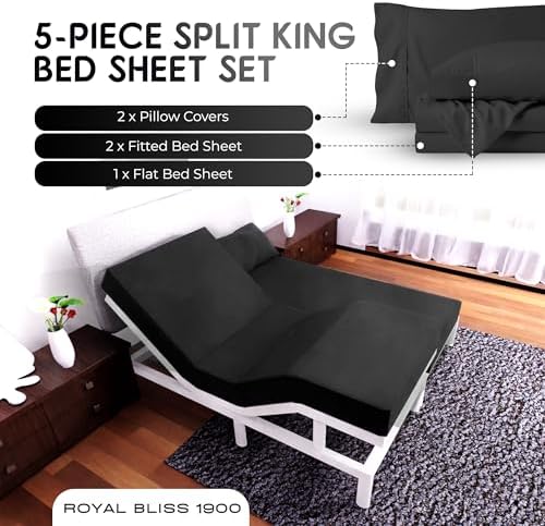 Split King Sheets Set with 2 Twin XL Fitted Sheet - 5 Piece Bedding - Wrinkle Free, Fade Resistant, Double Brushed Microfiber - Deep Pockets/Easy Fit (Black)
