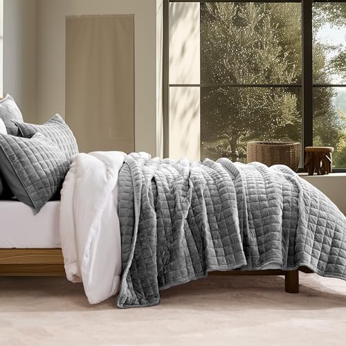RECYCO Channel Box Stitch Velvet Quilt Set Twin/Twin XL Size, Charcoal Gray