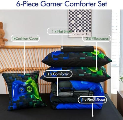 PERFEMET 6-Piece Game Twin Comforter Set for Kids Blue and Green Boys Gaming Bed in a Bag with Sheets Soft 3D Cool Fluffy Video Game Console Bedding Set for Girls Teen(Blue Green, Twin)