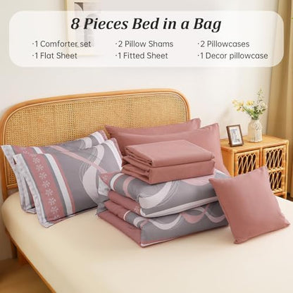 Anibedding Pink Comforter Set King Size,8 Pieces Striped Bed in a Bag