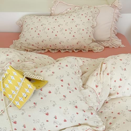 VM VOUGEMARKET Muslin Cotton Duvet Cover Queen Shabby Chic Red Floral Rabbit Bedding Set with Ruffles,Soft, Breathable Linen Like Gauze Comforter Cover with Zipper Closure
