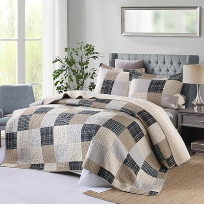 Y-PLWOMEN 100% Cotton Quilts Queen Size Farmhouse Plaid 3-Pieces Bedding