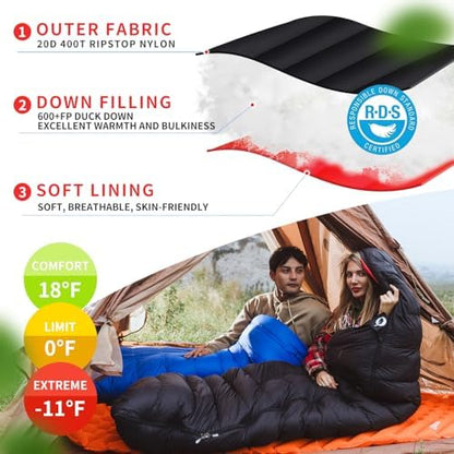 Down Sleeping Bag for Adults, 600 Fill Power Ultralight Backpacking