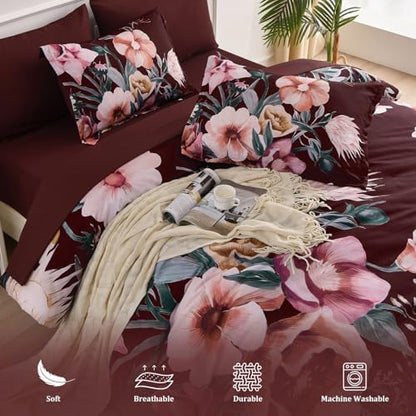 Luxudecor Burgundy Floral Comforter Set Queen Size 7 Piece, Flower Bed in a Bag, Elegant Floral Comforter with Sheet Set, Soft Microfiber Bedding Set for All Season (Burgundy, 90"x90")